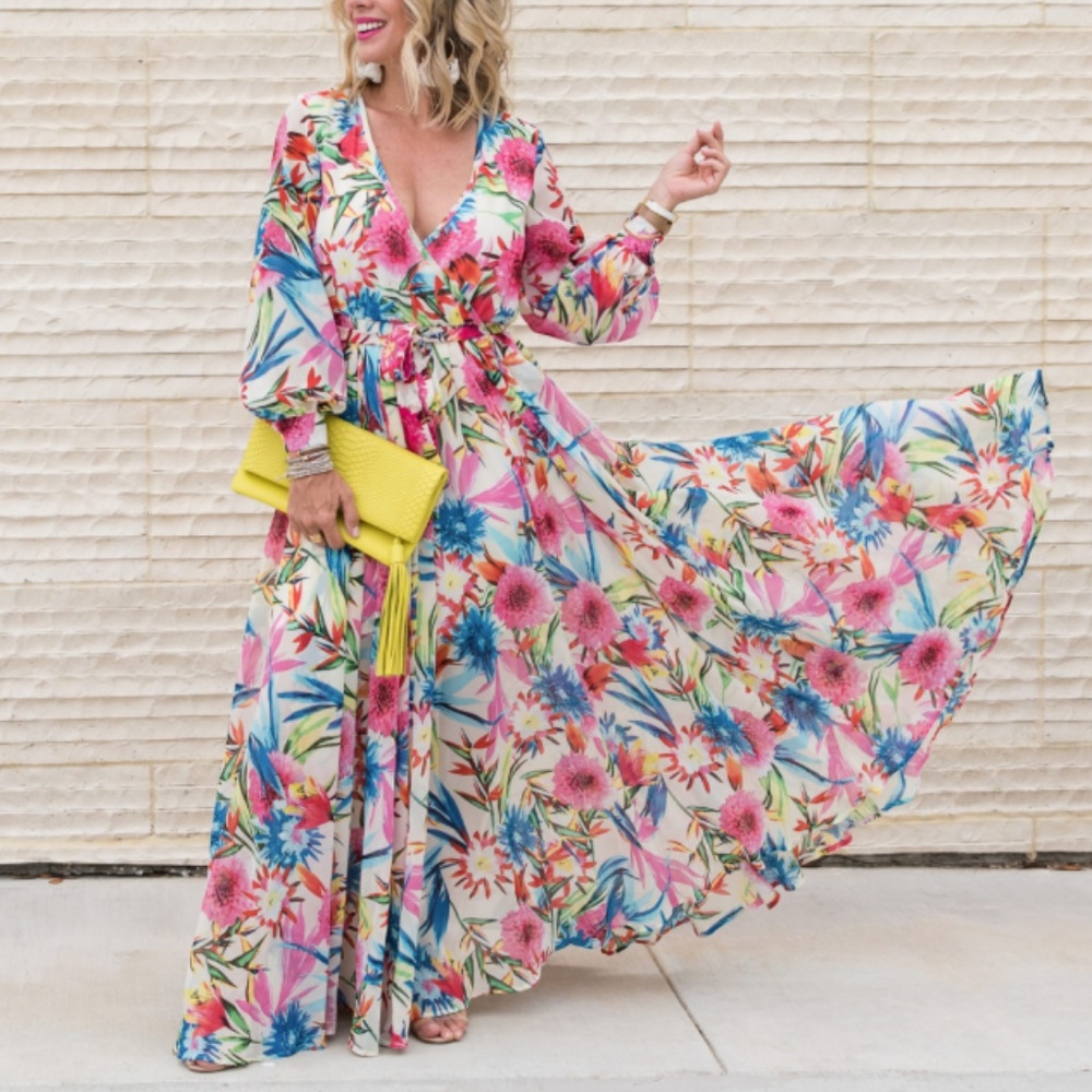 Tropical Floral Print Maxi Chiffon Wrap Dress